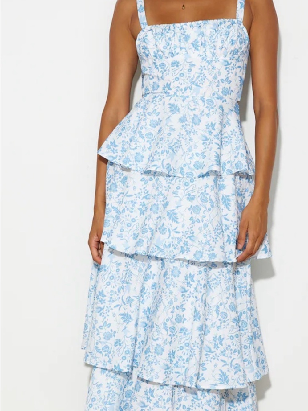 Hello Molly NWT Full of Fun Maxi Dress Light Blue Floral Tiered Ruffle Tie Back